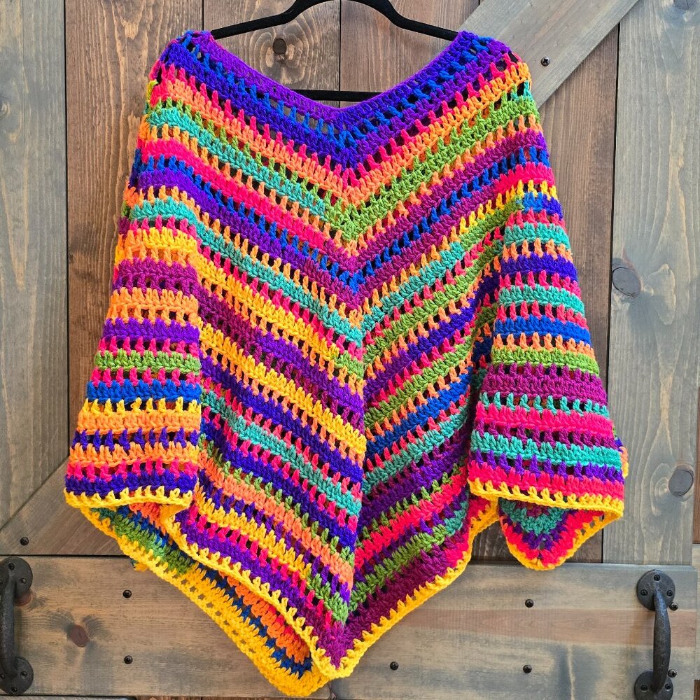 NEW Free Size Gorgeous Crochet Rainbow Poncho Made By Hand